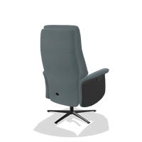 Recliner Atlas 6685 in Leather B963 (grey), black wood side panels, black metal base, back angled view