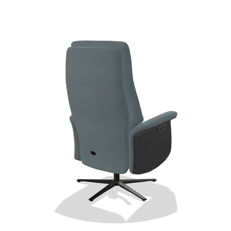 Recliner Atlas 6685 in Leather B963 (grey), black wood side panels, black metal base, back angled view