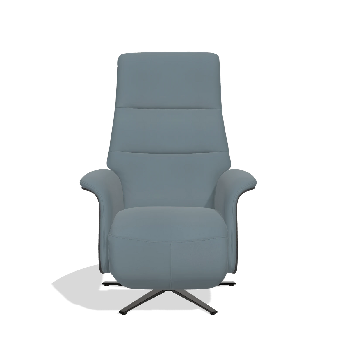 Recliner Atlas 6685 in Leather B963 (grey), black wood side panels, black metal base, front view