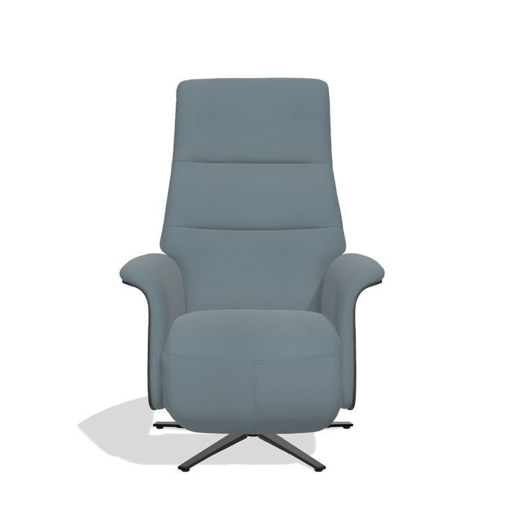 Recliner Atlas 6685 in Leather B963 (grey), black wood side panels, black metal base, front view
