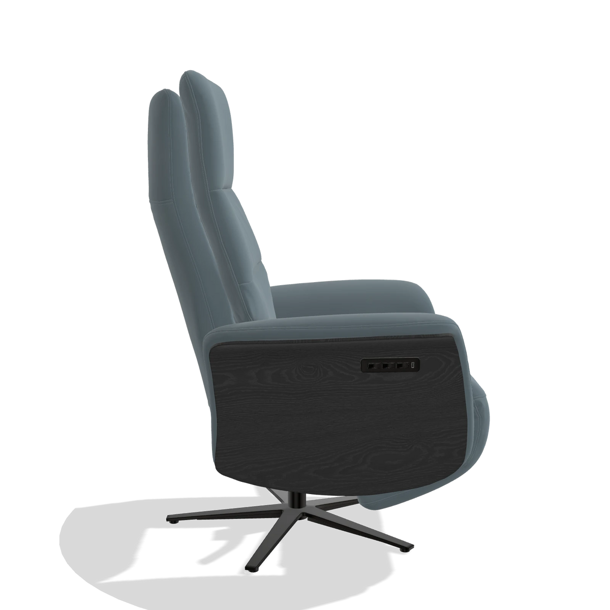 Recliner Atlas 6685 in Leather B963 (grey), black wood side panels, black metal base, side view