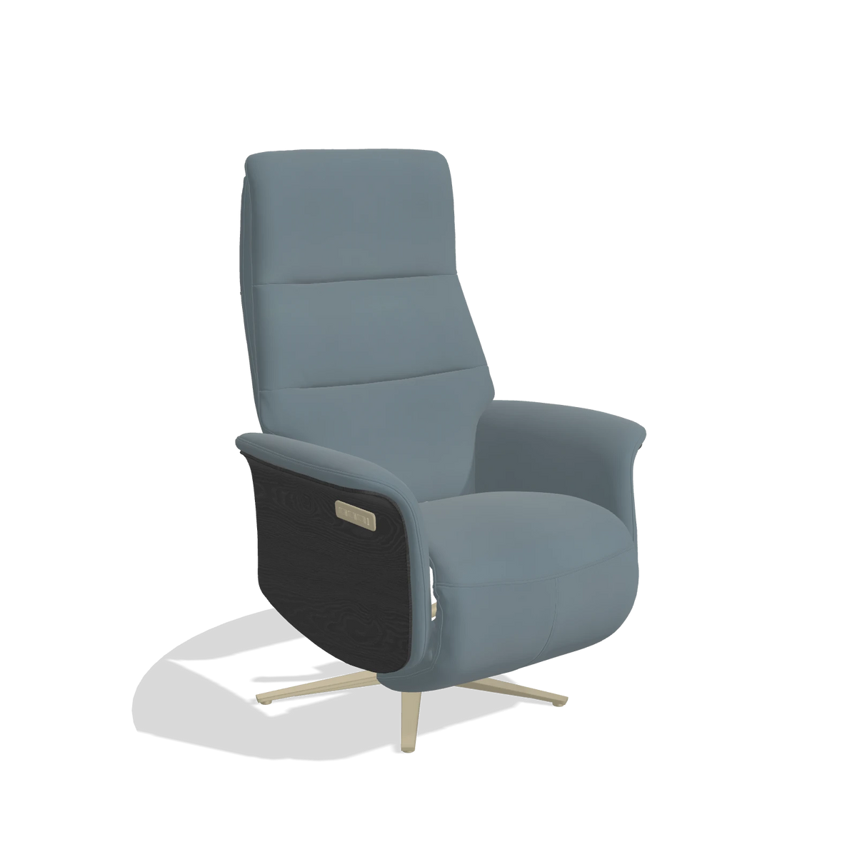 Recliner Atlas 6685 in Leather B963 (grey), black wood side panels, champagne metal base, angled view