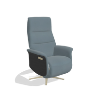 Recliner Atlas 6685 in Leather B963 (grey), black wood side panels, champagne metal base, angled view