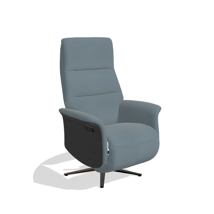 Recliner Atlas 6685 in Leather B963 (grey), black wood side panels, espresso metal base, angled view