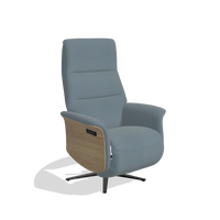Recliner Atlas 6685 in Leather B963 (grey), natural wood side panels, black metal base, angled view