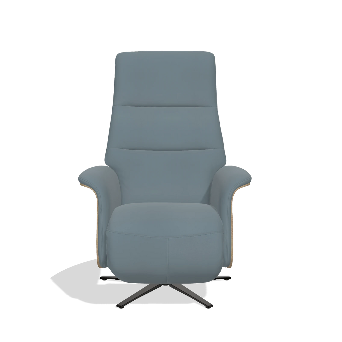 Recliner Atlas 6685 in Leather B963 (grey), natural wood side panels, black metal base, front view