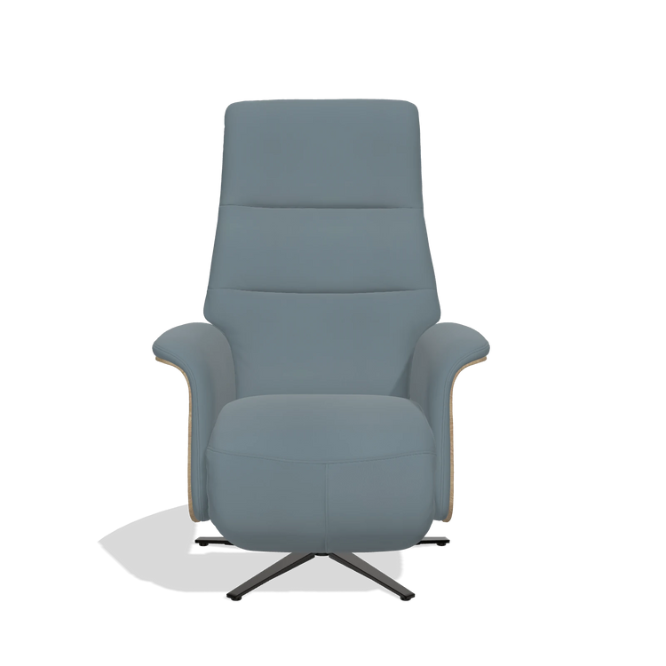 Recliner Atlas 6685 in Leather B963 (grey), natural wood side panels, black metal base, front view