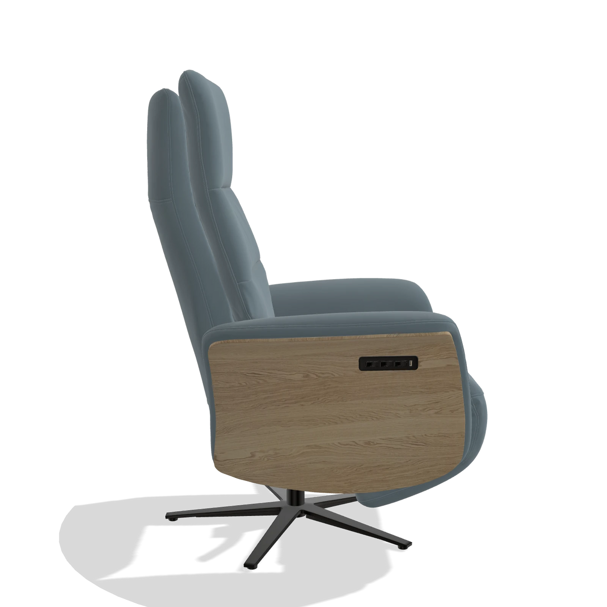 Recliner Atlas 6685 in Leather B963 (grey), natural wood side panels, black metal base, side view