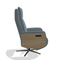 Recliner Atlas 6685 in Leather B963 (grey), natural wood side panels, black metal base, side view