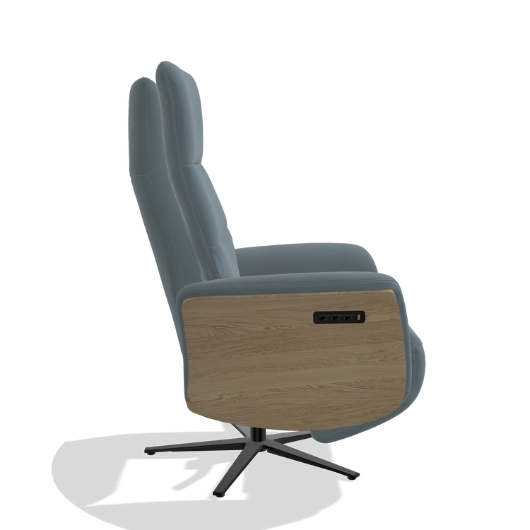 Recliner Atlas 6685 in Leather B963 (grey), natural wood side panels, black metal base, side view