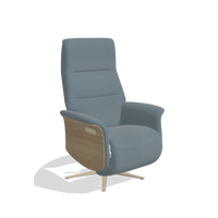 Recliner Atlas 6685 in Leather B963 (grey), natural wood side panels, champagne metal base, angled view