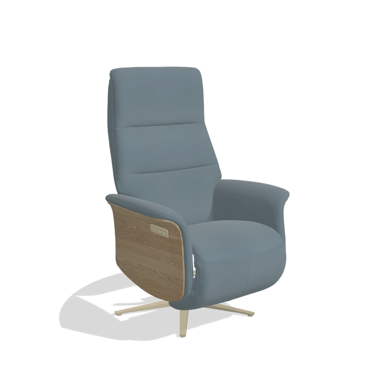 Recliner Atlas 6685 in Leather B963 (grey), natural wood side panels, champagne metal base, angled view