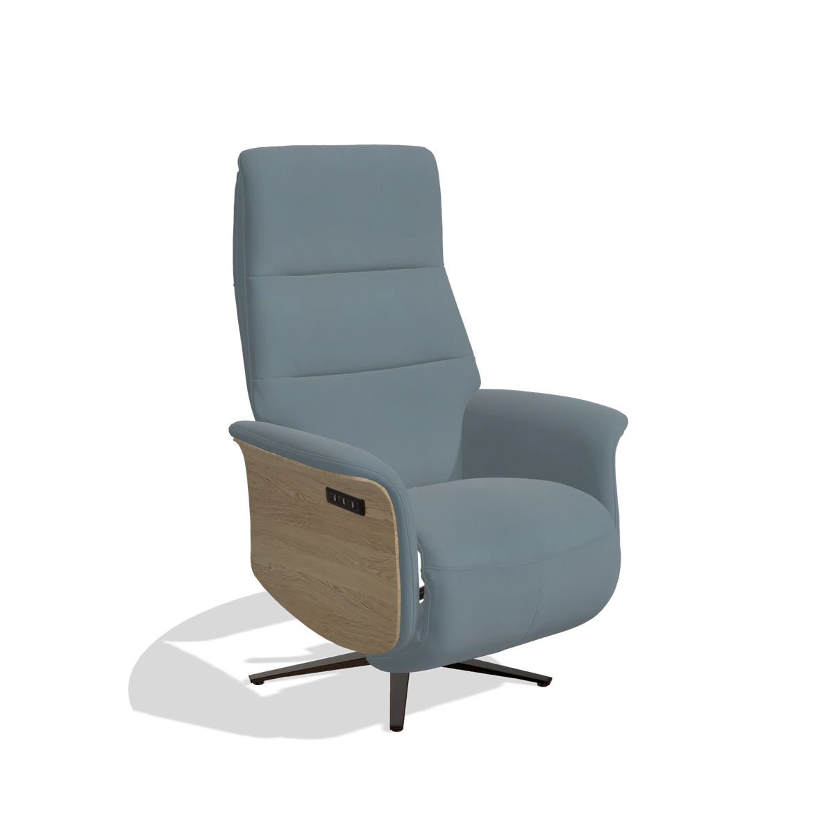 Recliner Atlas 6685 in Leather B963 (grey), natural wood side panels, espresso metal base, angled view