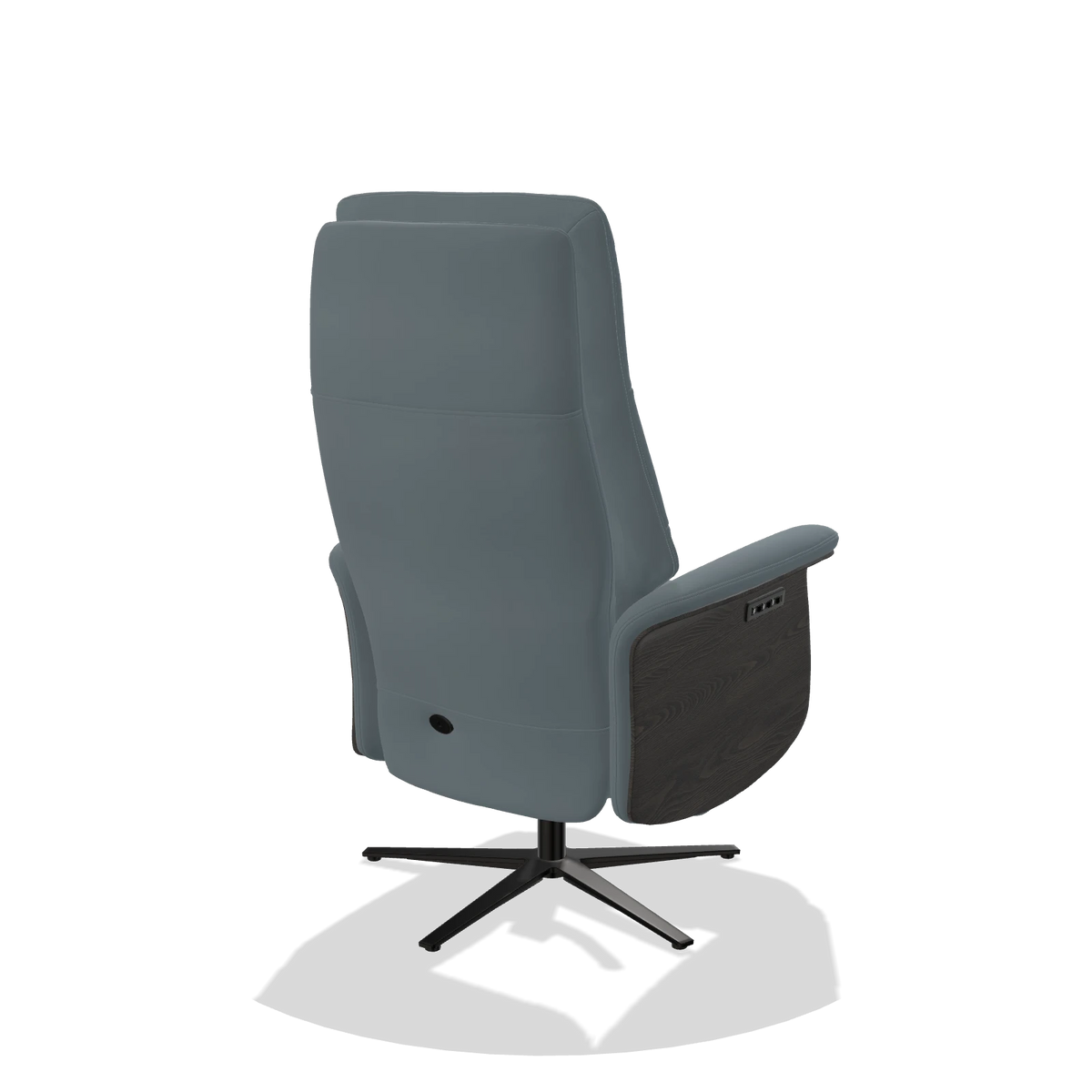 Recliner Atlas 6685 in Leather B963 (grey), tobacco wood side panels, black metal base, back angled view
