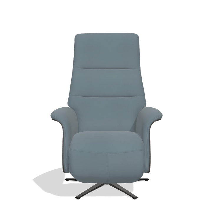Recliner Atlas 6685 in Leather B963 (grey), tobacco wood side panels, black metal base, front view