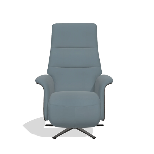Sillón reclinable Atlas 6685 en Piel B963 (gris), paneles laterales de madera en tabaco, base metálica en negro, vista frontal