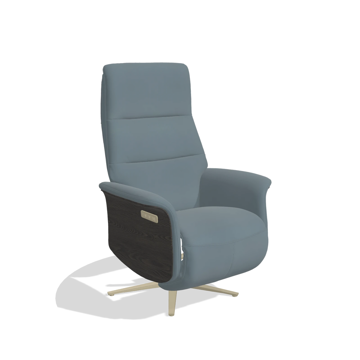 Recliner Atlas 6685 in Leather B963 (grey), tobacco wood side panels, champagne metal base, angled view