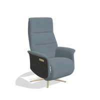 Recliner Atlas 6685 in Leather B963 (grey), tobacco wood side panels, champagne metal base, angled view