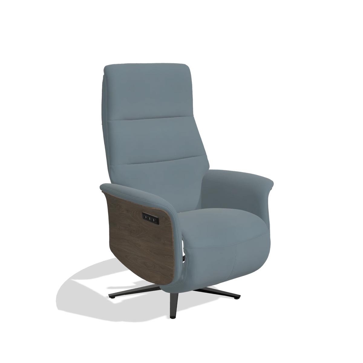 Recliner Atlas 6685 in Leather B963 (grey), walnut wood side panels, black metal base, angled view