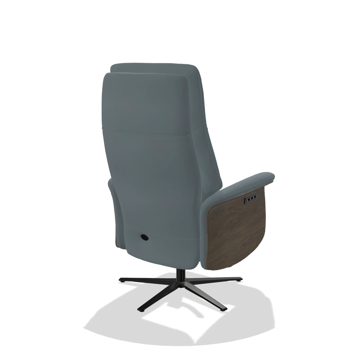 Recliner Atlas 6685 in Leather B963 (grey), walnut wood side panels, black metal base, back angled view
