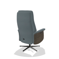 Recliner Atlas 6685 in Leather B963 (grey), walnut wood side panels, black metal base, back angled view