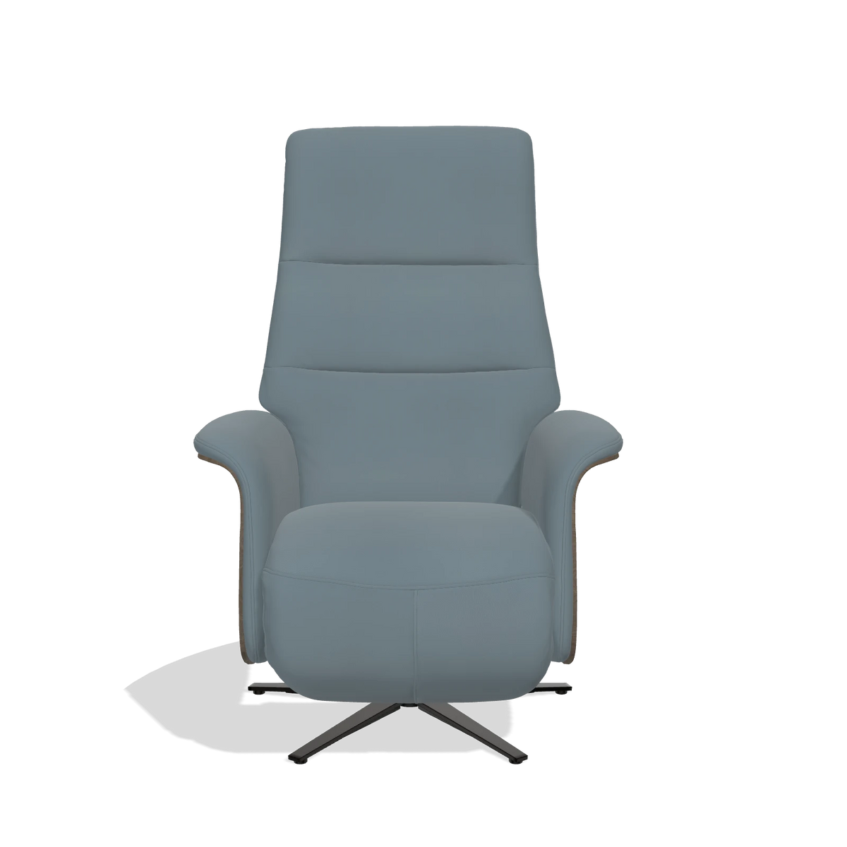 Recliner Atlas 6685 in Leather B963 (grey), walnut wood side panels, black metal base, front view