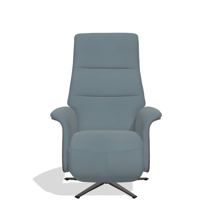 Recliner Atlas 6685 in Leather B963 (grey), walnut wood side panels, black metal base, front view