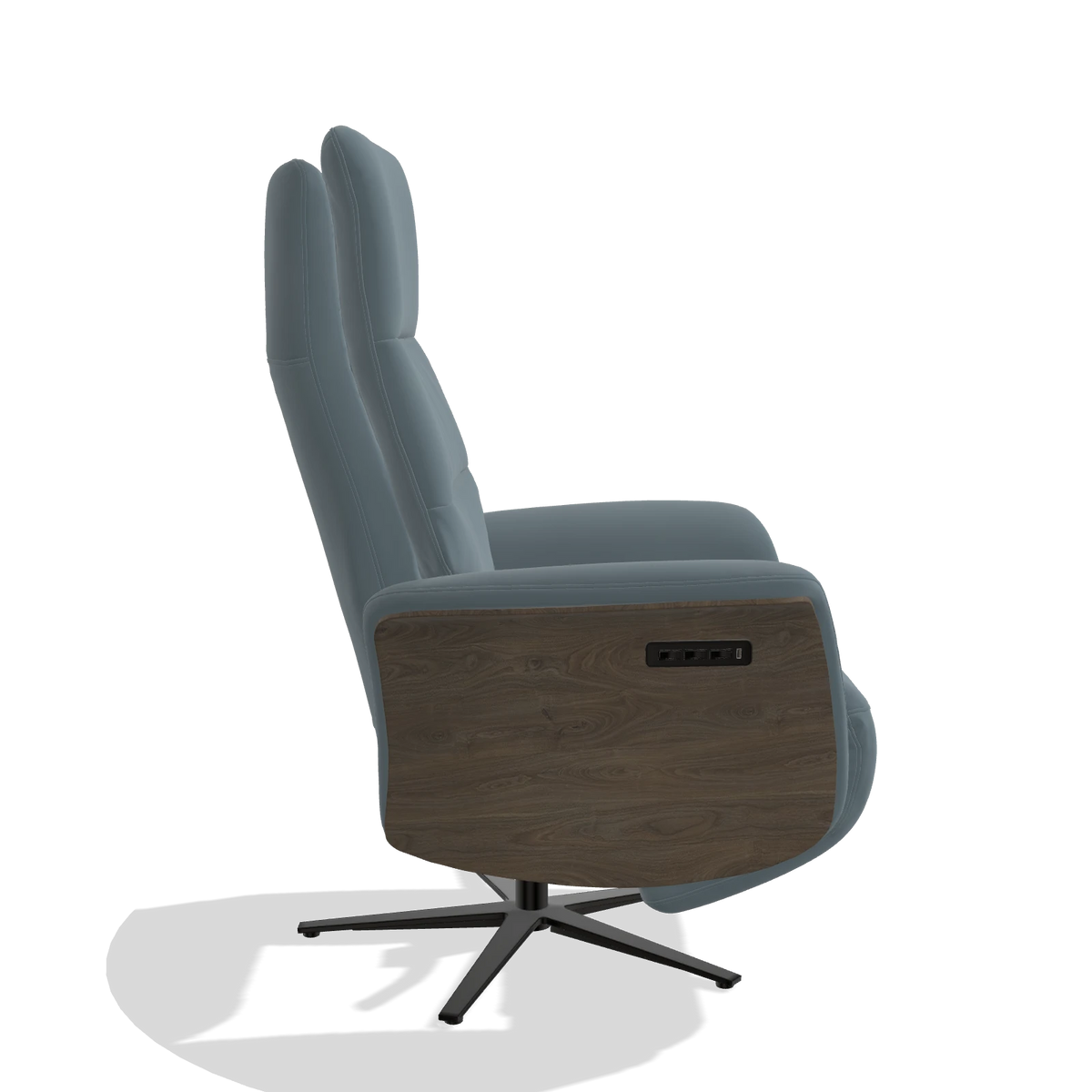 Recliner Atlas 6685 in Leather B963 (grey), walnut wood side panels, black metal base, side view