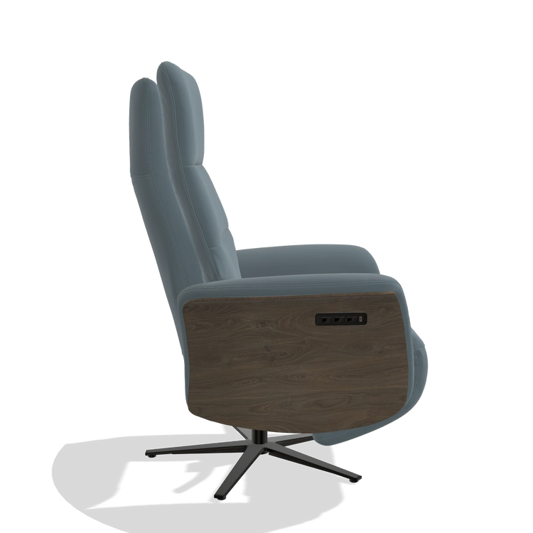 Recliner Atlas 6685 in Leather B963 (grey), walnut wood side panels, black metal base, side view