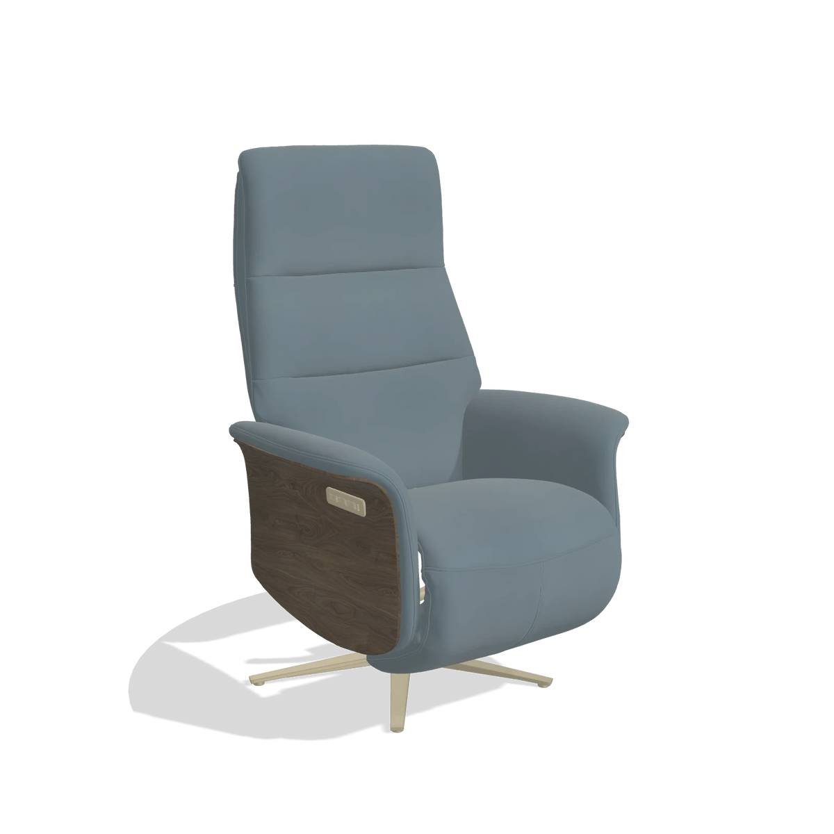 Recliner Atlas 6685 in Leather B963 (grey), walnut wood side panels, champagne metal base, angled view