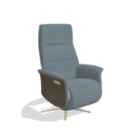 Recliner Atlas 6685 in Leather B963 (grey), walnut wood side panels, champagne metal base, angled view