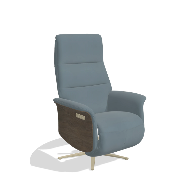 Recliner Atlas 6685 in Leather B963 (grey), walnut wood side panels, champagne metal base, angled view