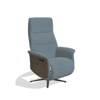 Recliner Atlas 6685 in Leather B963 (grey), walnut wood side panels, espresso metal base, angled view
