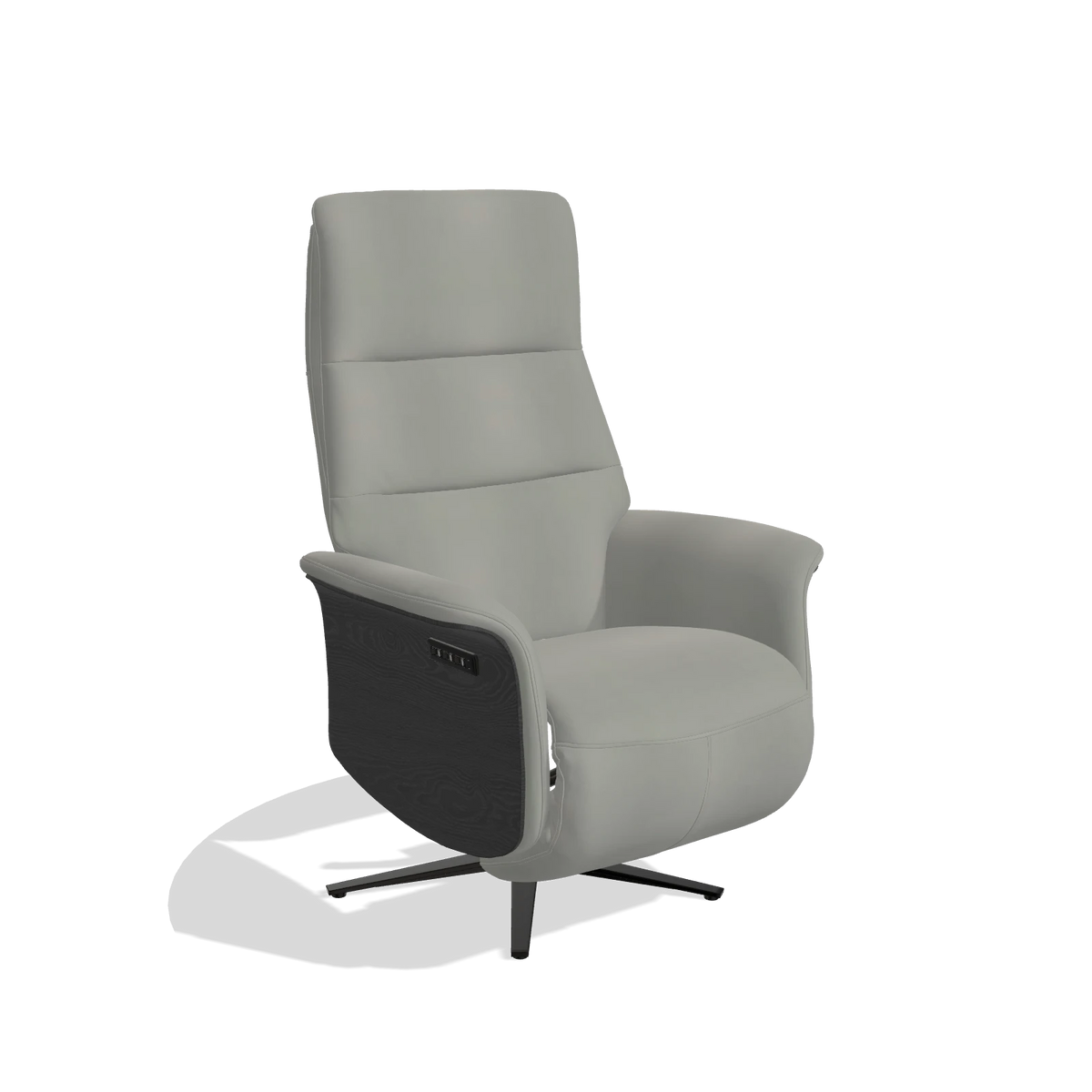 Recliner Atlas 6685 in Leather B967 (greige), black wood side panels, black metal base, angled view