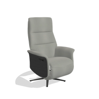 Recliner Atlas 6685 in Leather B967 (greige), black wood side panels, black metal base, angled view