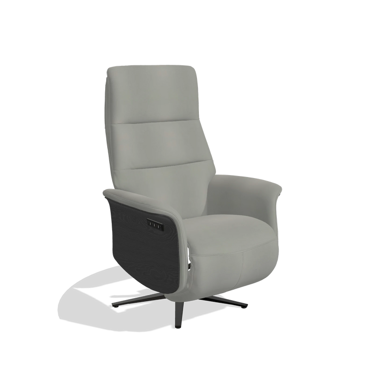 Recliner Atlas 6685 in Leather B967 (greige), black wood side panels, black metal base, angled view