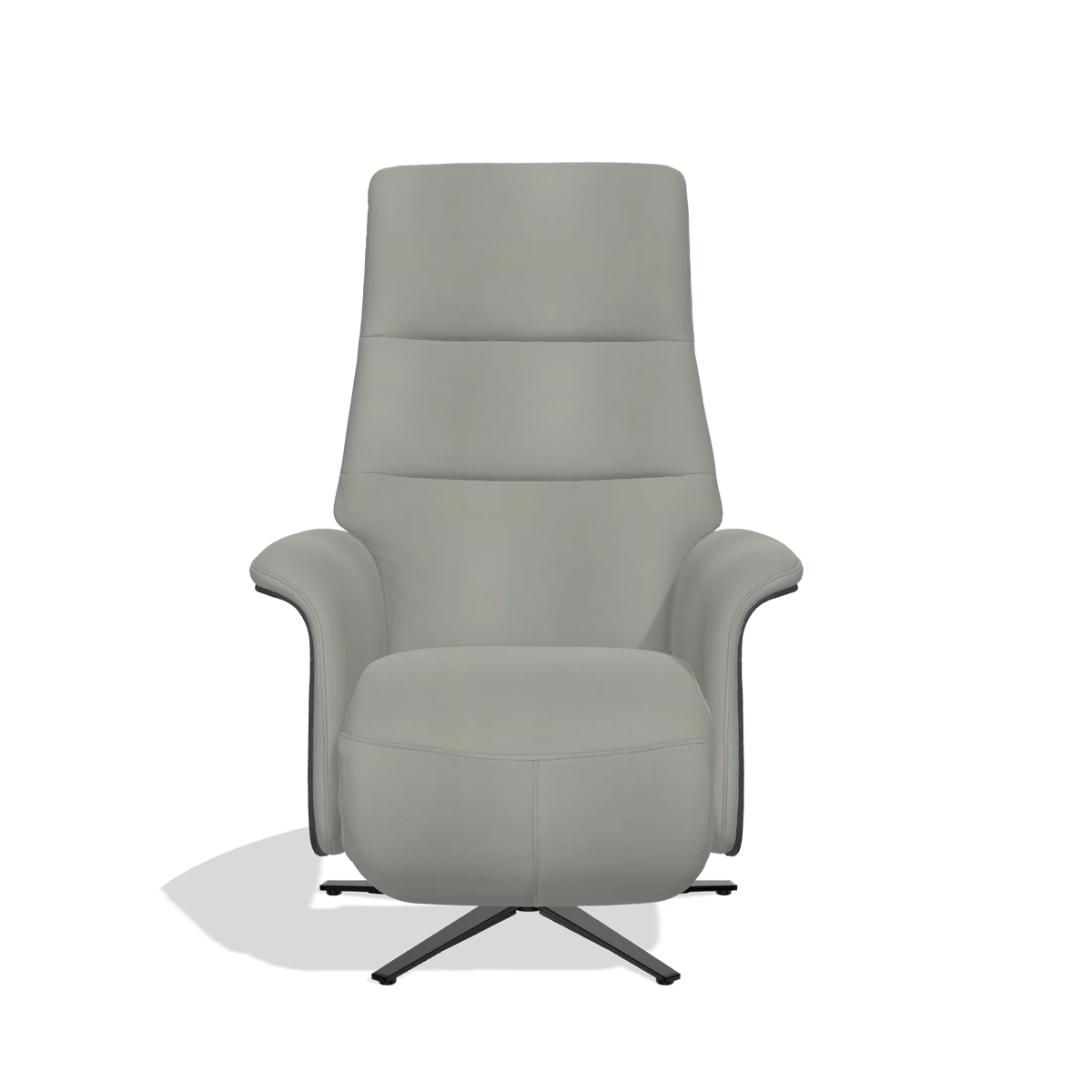 Recliner Atlas 6685 in Leather B967 (greige), black wood side panels, black metal base, front view