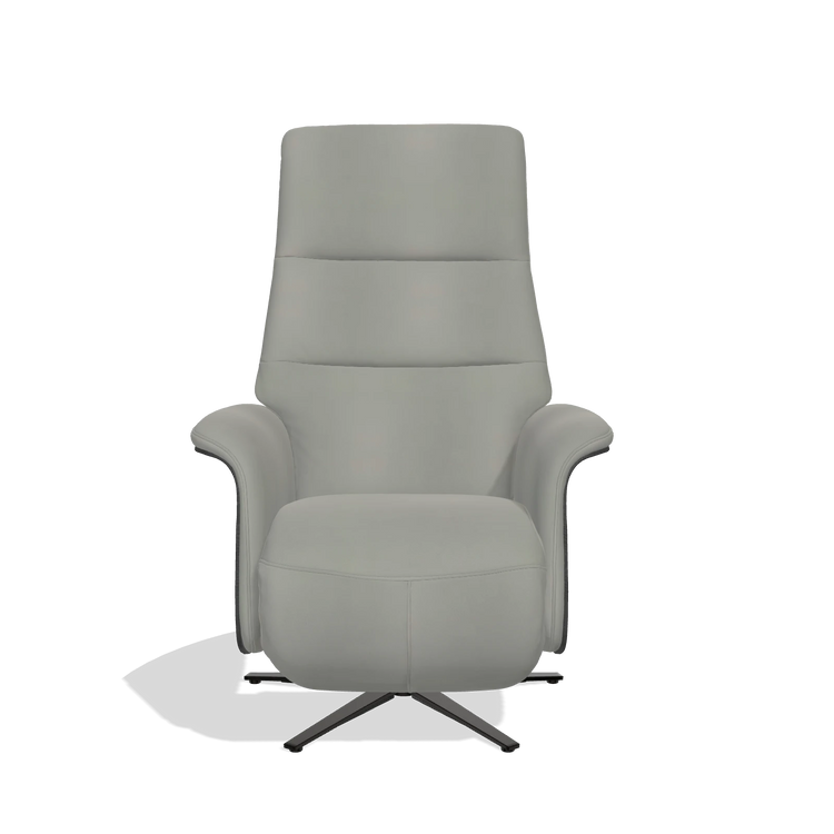 Recliner Atlas 6685 in Leather B967 (greige), black wood side panels, black metal base, front view