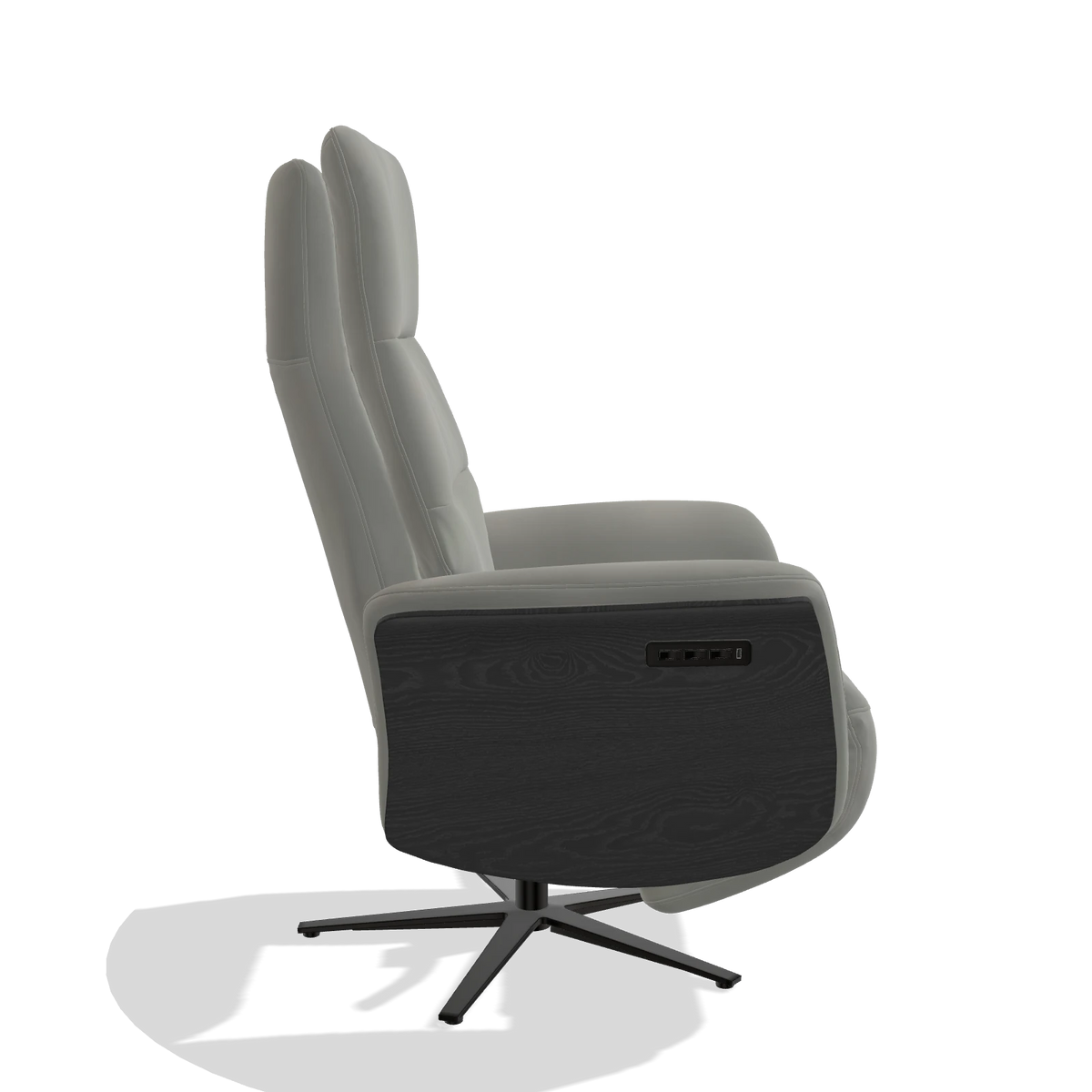 Recliner Atlas 6685 in Leather B967 (greige), black wood side panels, black metal base, side view