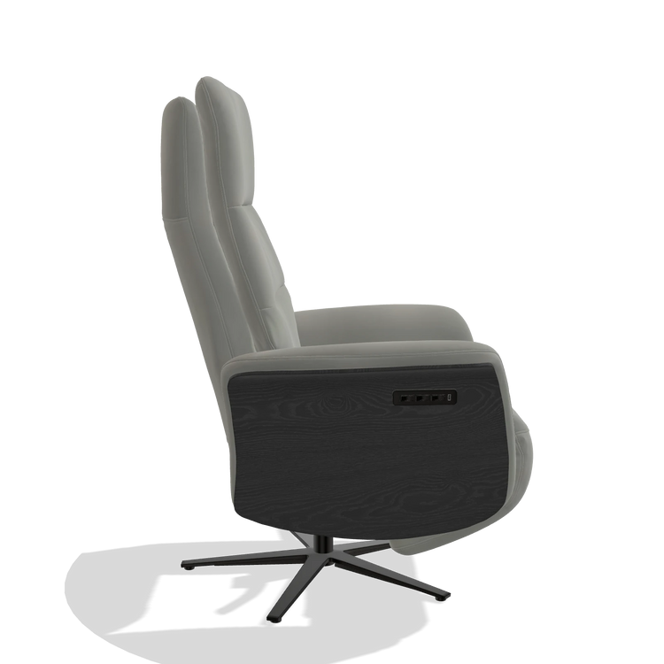 Recliner Atlas 6685 in Leather B967 (greige), black wood side panels, black metal base, side view
