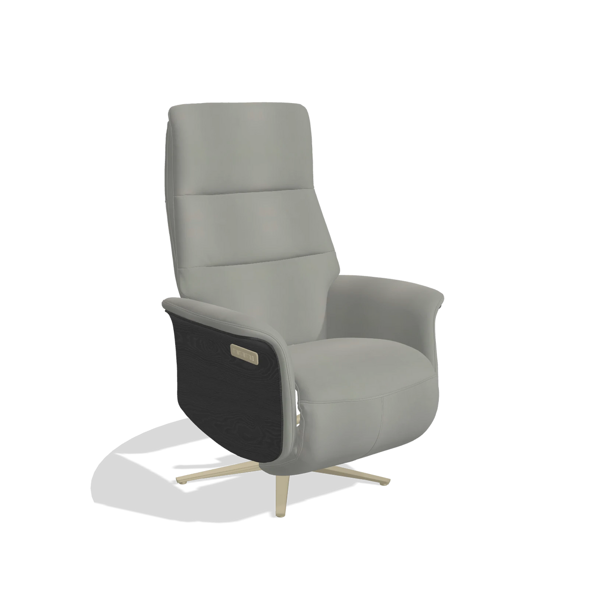 Recliner Atlas 6685 in Leather B967 (greige), black wood side panels, champagne metal base, angled view