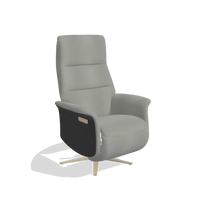 Recliner Atlas 6685 in Leather B967 (greige), black wood side panels, champagne metal base, angled view
