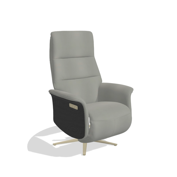 Recliner Atlas 6685 in Leather B967 (greige), black wood side panels, champagne metal base, angled view