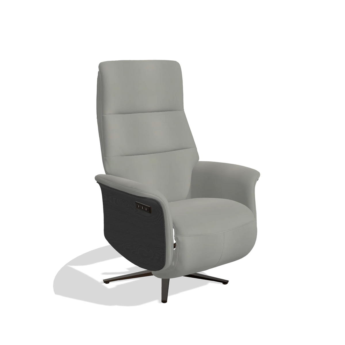 Recliner Atlas 6685 in Leather B967 (greige), black wood side panels, espresso metal base, angled view