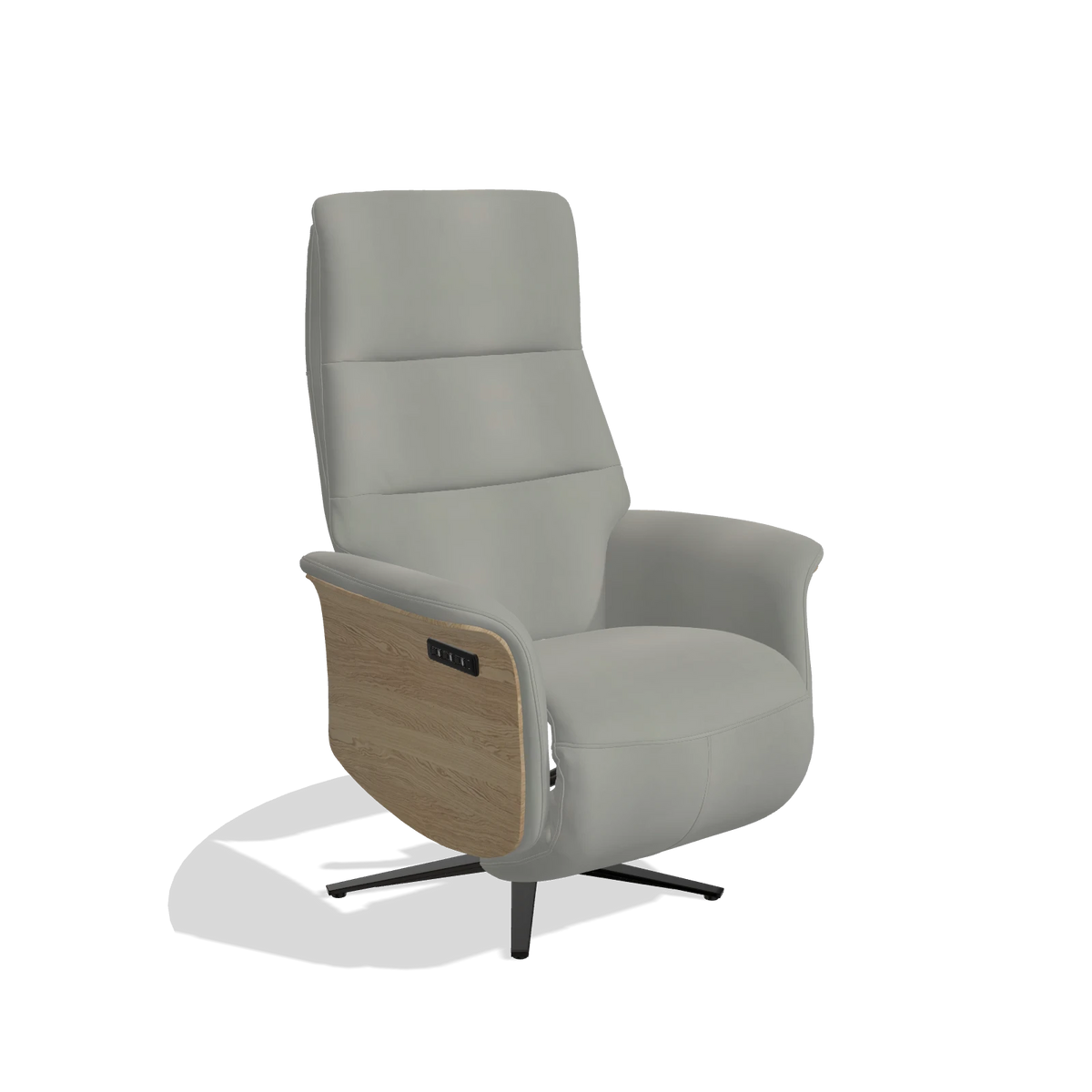 Recliner Atlas 6685 in Leather B967 (greige), natural wood side panels, black metal base, angled view