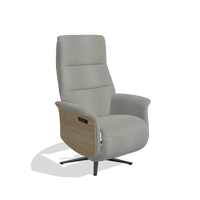Recliner Atlas 6685 in Leather B967 (greige), natural wood side panels, black metal base, angled view