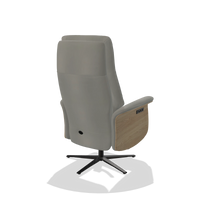 Recliner Atlas 6685 in Leather B967 (greige), natural wood side panels, black metal base, back angled view