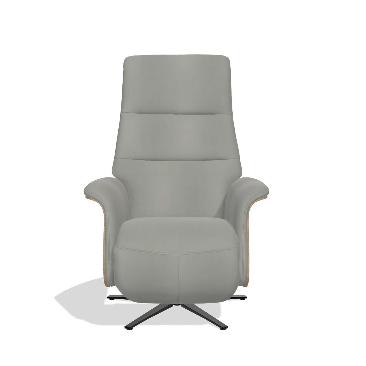 Recliner Atlas 6685 in Leather B967 (greige), natural wood side panels, black metal base, front view