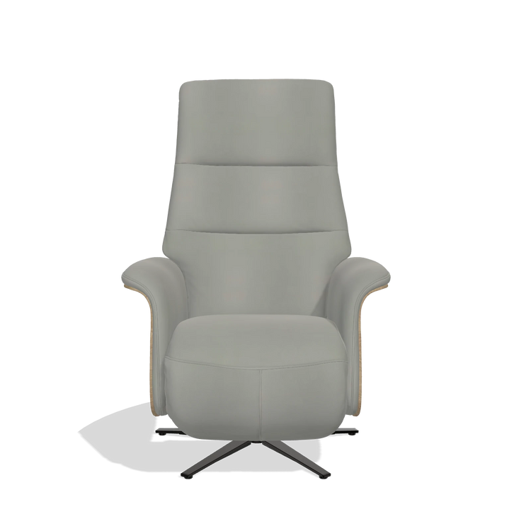 Recliner Atlas 6685 in Leather B967 (greige), natural wood side panels, black metal base, front view