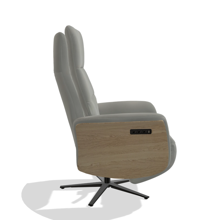 Recliner Atlas 6685 in Leather B967 (greige), natural wood side panels, black metal base, side view